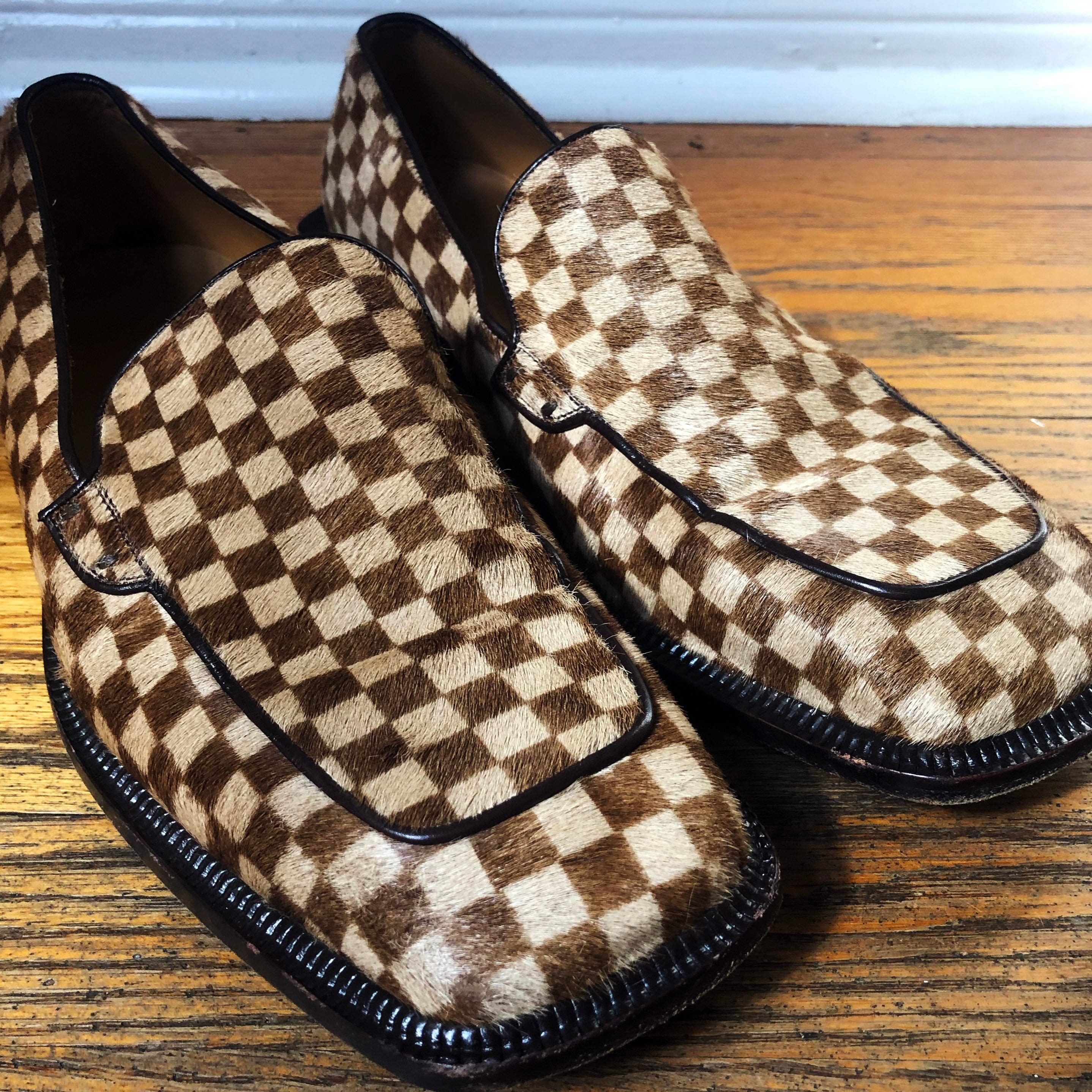 Louis Vuitton Men's Damier Pony Hair Penny Loafers Brown Size 12