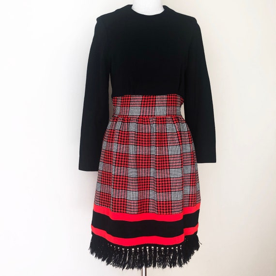 Vintage Mod Red & Black Plaid Fringe Dress - image 1