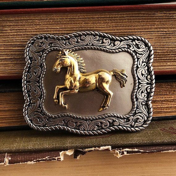 Vintage Silver Western Buckle with Gold Horse - image 1