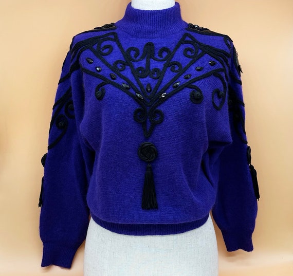 Vintage Purple Lambswool Angora Sweater with Blac… - image 3