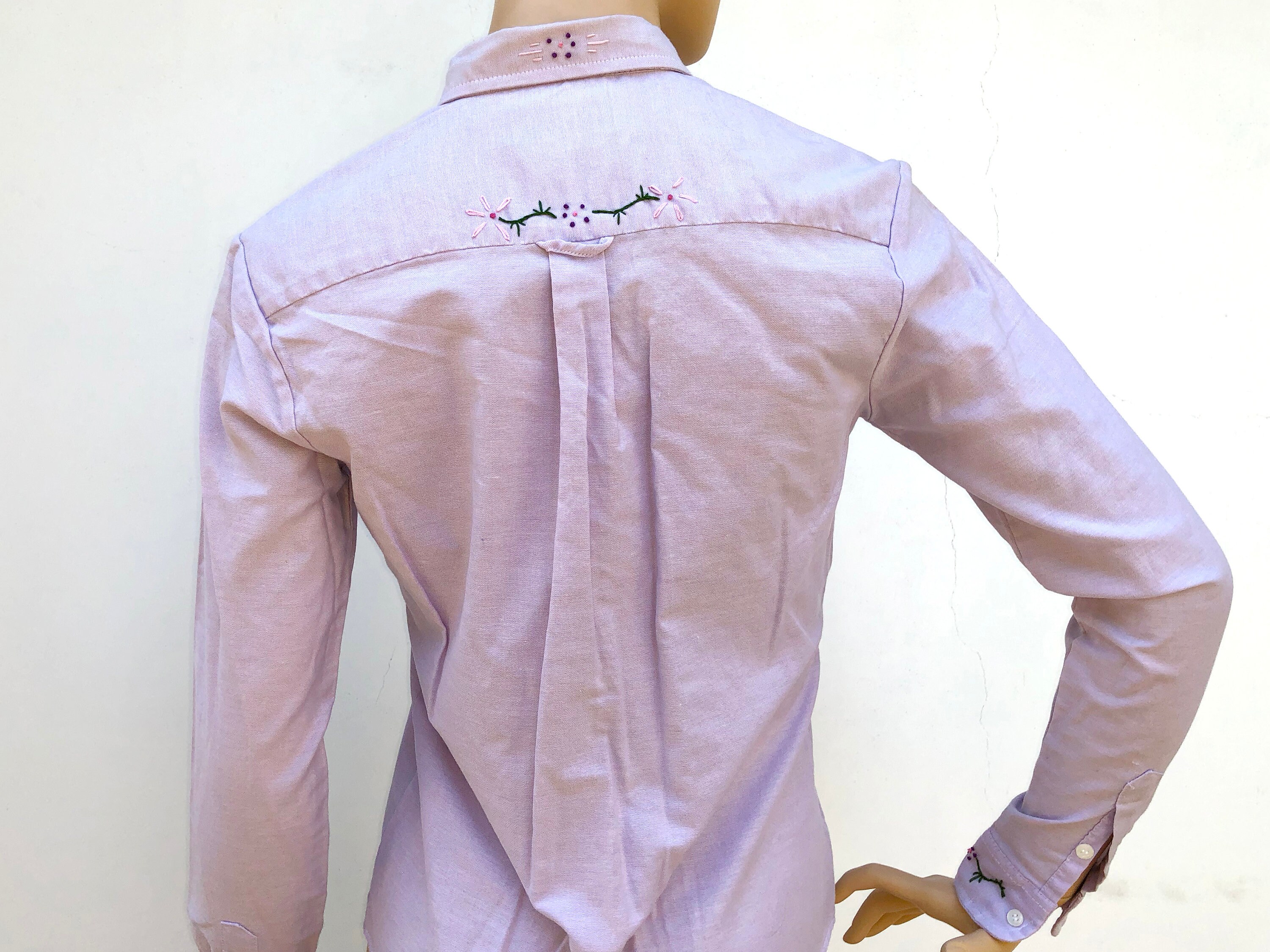 Lilac Button Down Collared Shirt With Pink Floral Embroidery Etsy