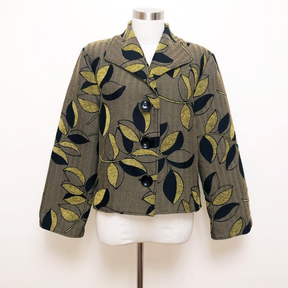 VINTAGE Black & Green Leaves 80s Tapestry Jacket