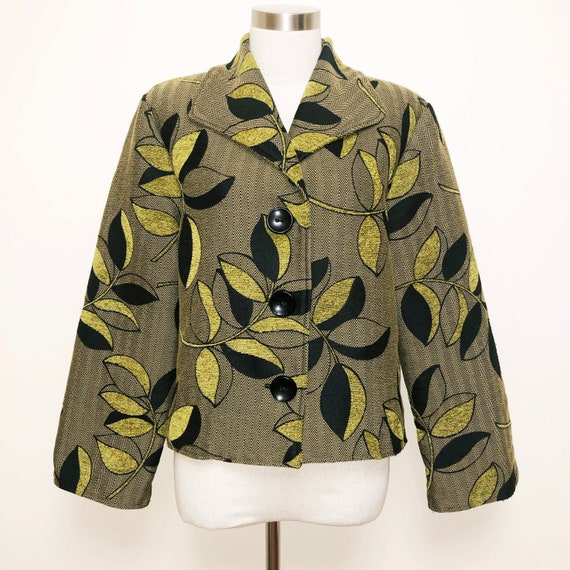 VINTAGE Black & Green Leaves 80s Tapestry Jacket - image 8