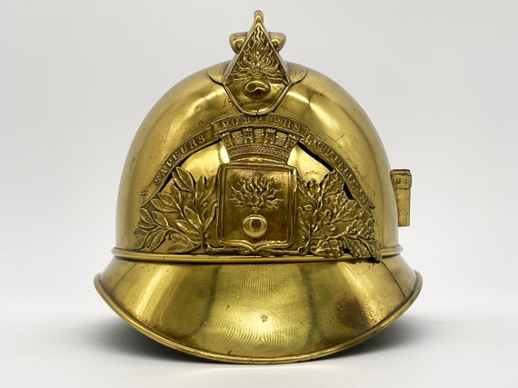 Antique French Fireman's Helmet-Brass Vintage Met… - image 9