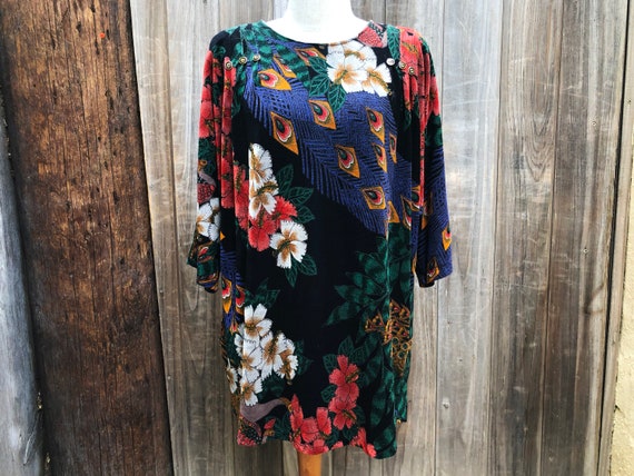 Vintage 1980s Slinky Floral Peacock Tunic - image 1