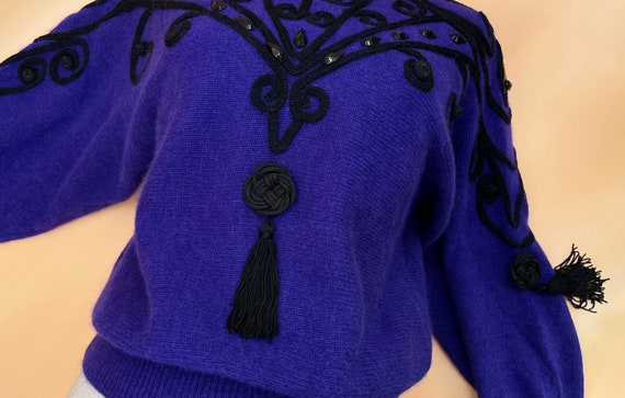 Vintage Purple Lambswool Angora Sweater with Blac… - image 1