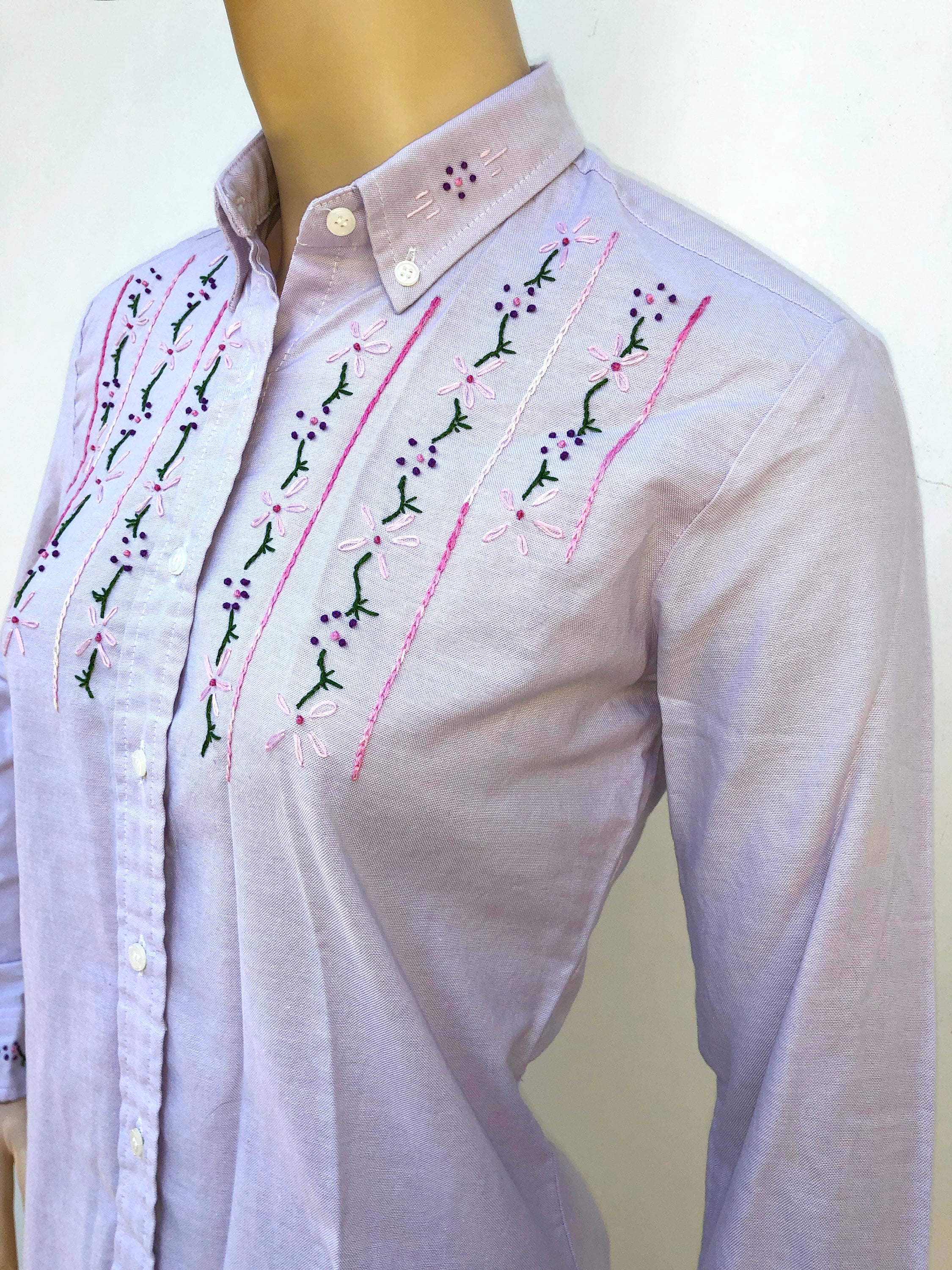 Lilac Button Down Collared Shirt With Pink Floral Embroidery Etsy