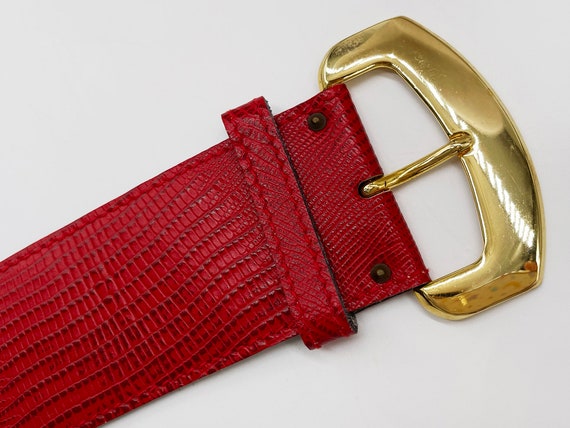 Vintage Red Lizard Leather Statement Belt Gold Bu… - image 3