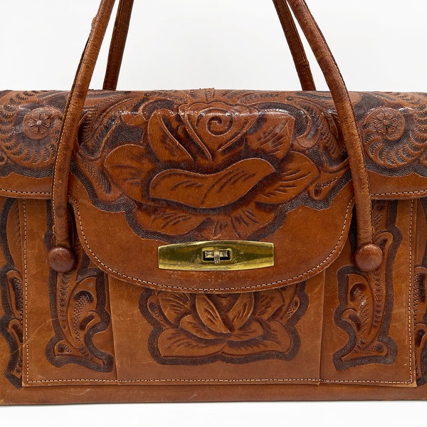 Vintage Brown Mexican Tooled Leather Purse // Retro Western Southwestern Handbag Mexico Aztec