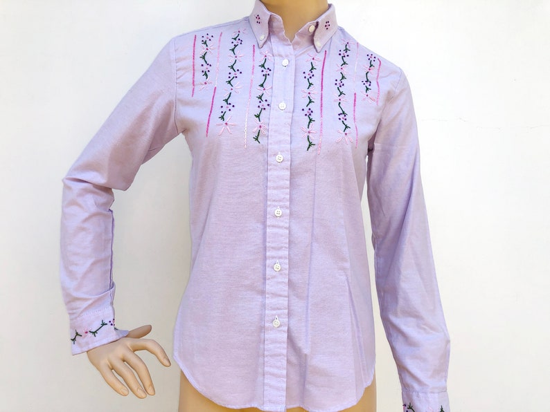 Lilac Button Down Collared Shirt With Pink Floral Embroidery Etsy