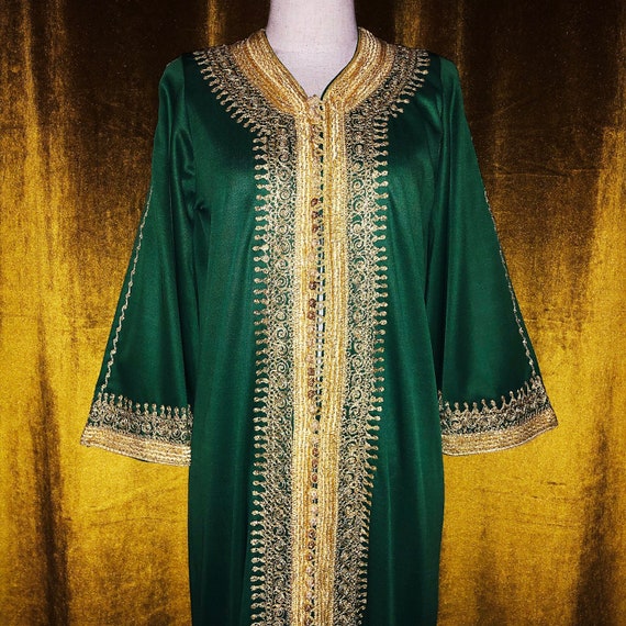 Vintage Emerald Green & Gold Embroidered Kaftan G… - image 1