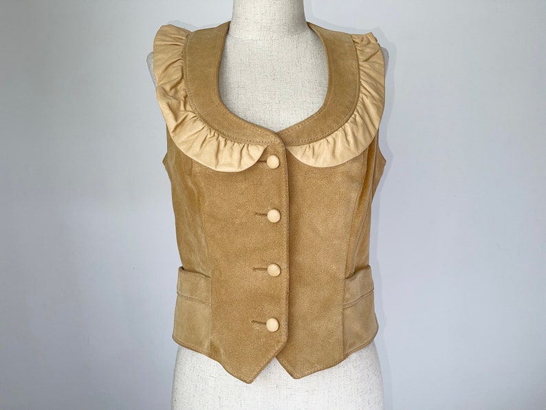 Vintage 1970s Western Suede Leather Vest With Ruffles Retro 70s Cowgirl Pioneer Wear