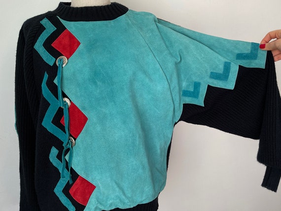 Vintage 80s Western Southwestern Pullover Suede Le