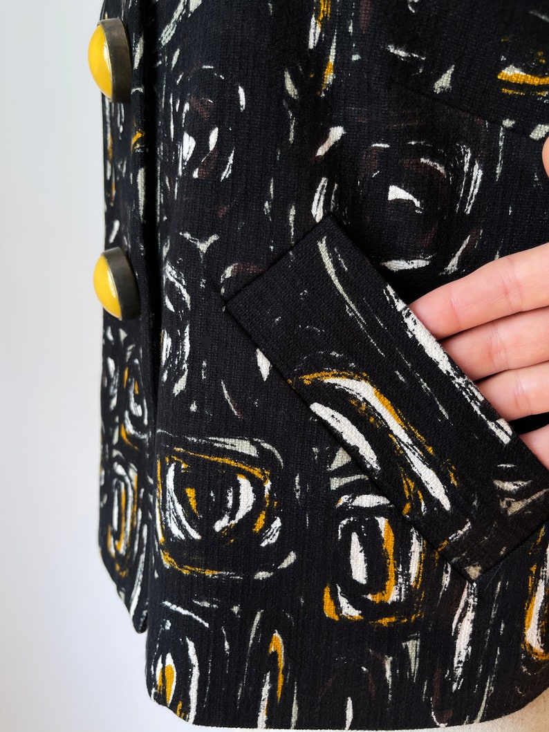 Vintage 60s Black /& Yellow Cropped Jacket 1960s Retro Buttons Elliott Lauren
