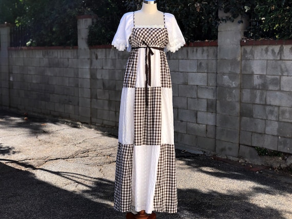 Vintage Brown-White Patchwork Gingham Eyelet-lace