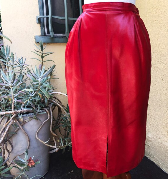 Vintage Saint Laurent Red Leather Pencil Skirt
