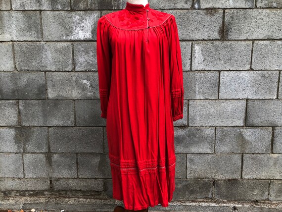Red Vintage Boho Dress with Floral Embroidery