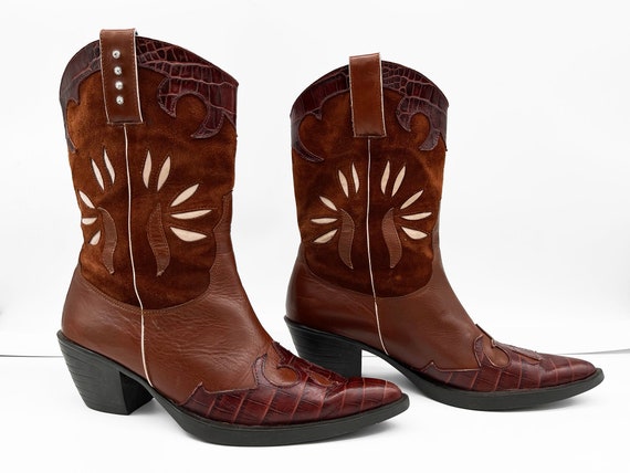 Vintage 90s Brown Leather Cowboy Boots // Retro 1… - image 1