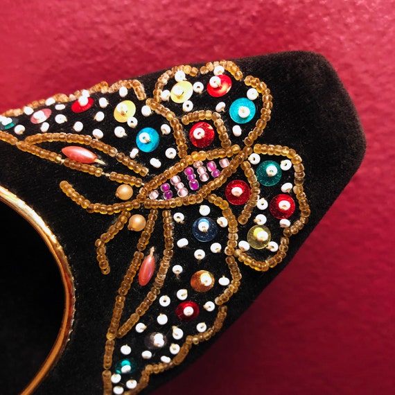 Vintage Butterfly Beaded Sequin Black Velvet Flats