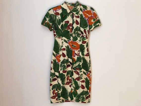 Vintage Tropical Green & Rust Orange Linen Wiggle