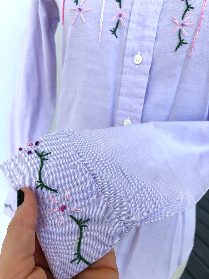 Lilac Button Down Collared Shirt With Pink Floral Embroidery Etsy