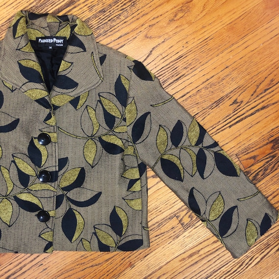 VINTAGE Black & Green Leaves 80s Tapestry Jacket - image 2