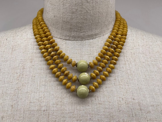 Vintage 3-strand Wooden Bead Necklace // Retro Mi… - image 1