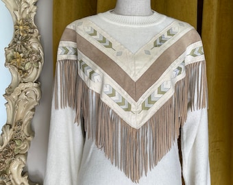 Vintage 1980s Cream-White Southwestern Sweater with Leather Fringe // Retro 80s Western Cowgirl Knit