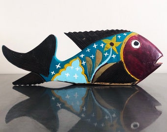 Vintage Carved Painted Wooden Fish Sculpture