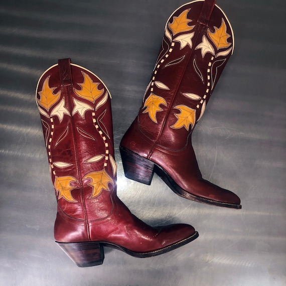 Vintage Maroon Red Leather Cowboy Boots Gold Leave