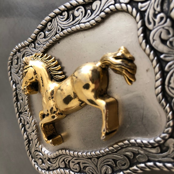 Vintage Silver Western Buckle with Gold Horse - image 2