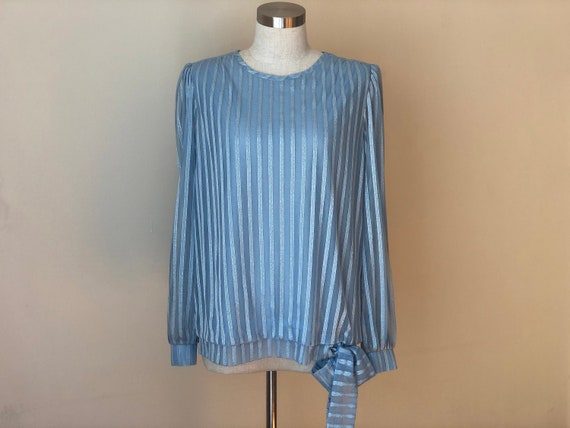 Vintage Blue Striped Secretary Blouse with sheer s