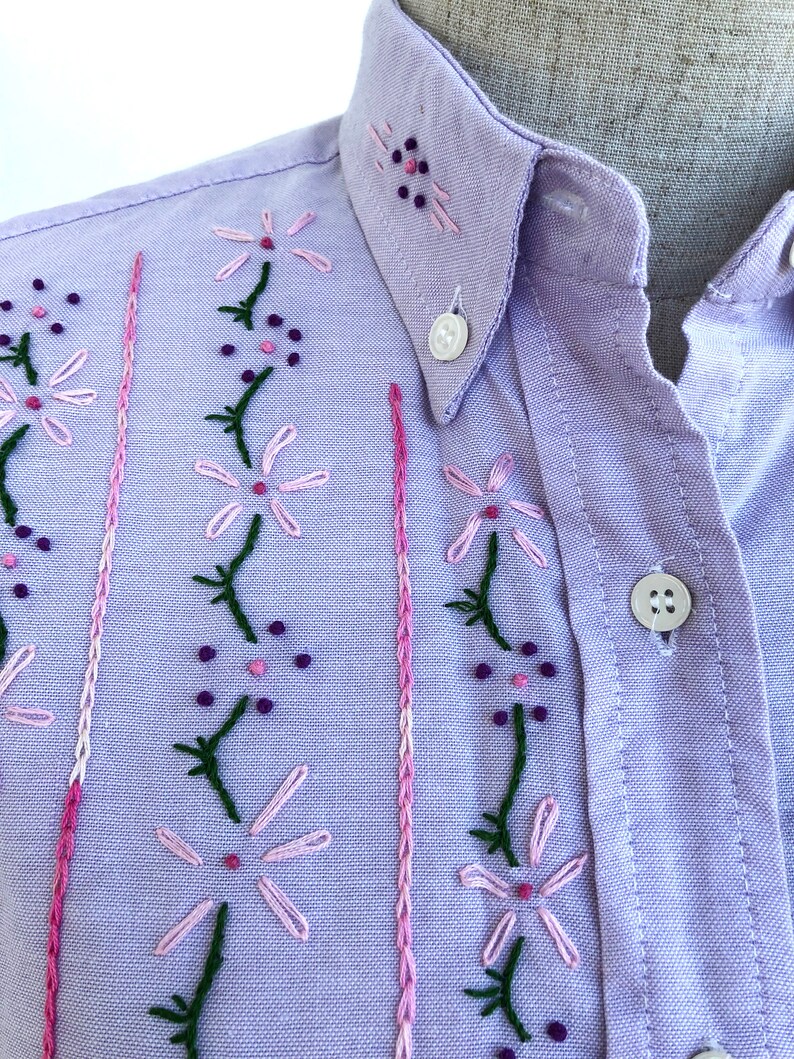 Lilac Button Down Collared Shirt With Pink Floral Embroidery Etsy