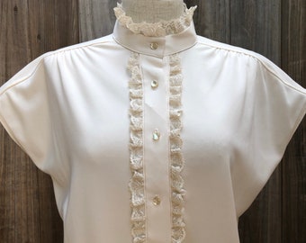 Vintage 1960s Cream Blouse with Lace Ruffles