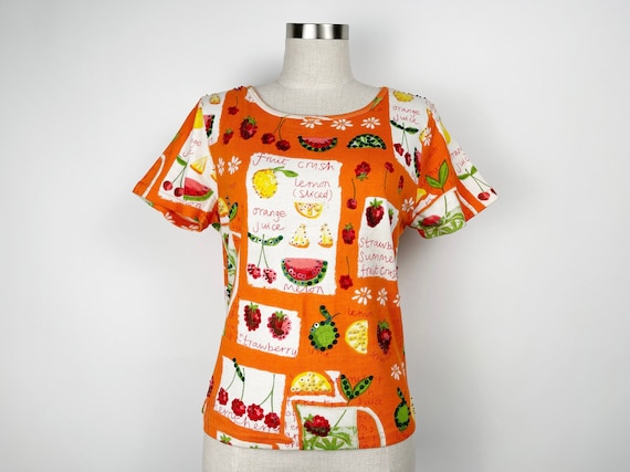 Vintage 90s Orange Summer Fruits Sequined T-shirt… - image 1