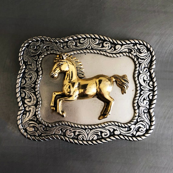 Vintage Silver Western Buckle with Gold Horse - image 3