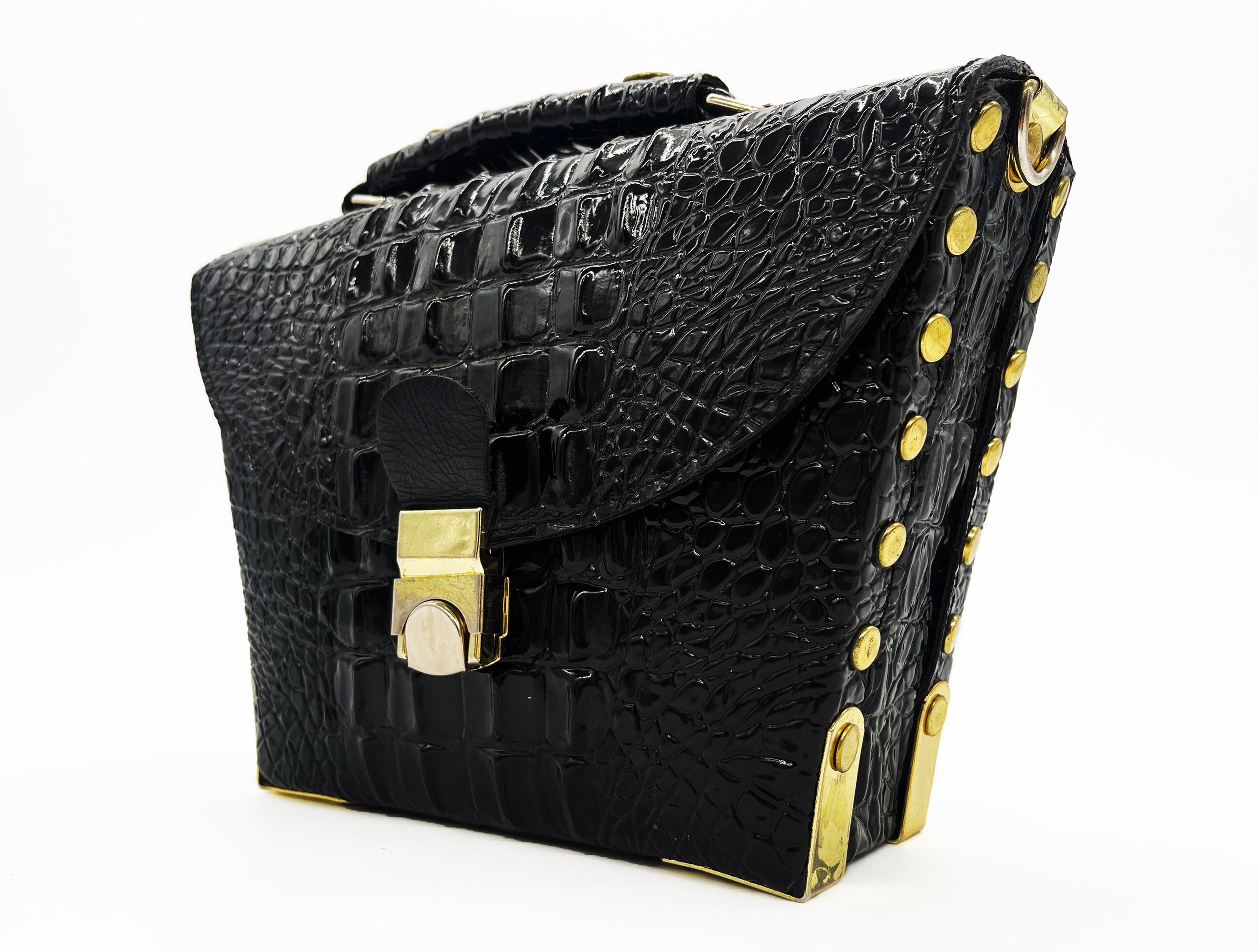 www. - Black Genuine Leather Clutch bag Crocodile Rivet purse  also in Metallic Gold white