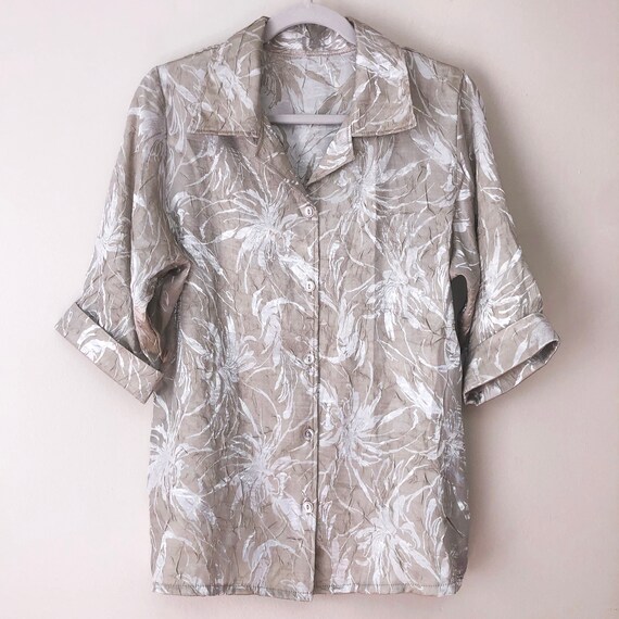 Vintage 70s Beige Button Down shirt with Silver Metal… Gem