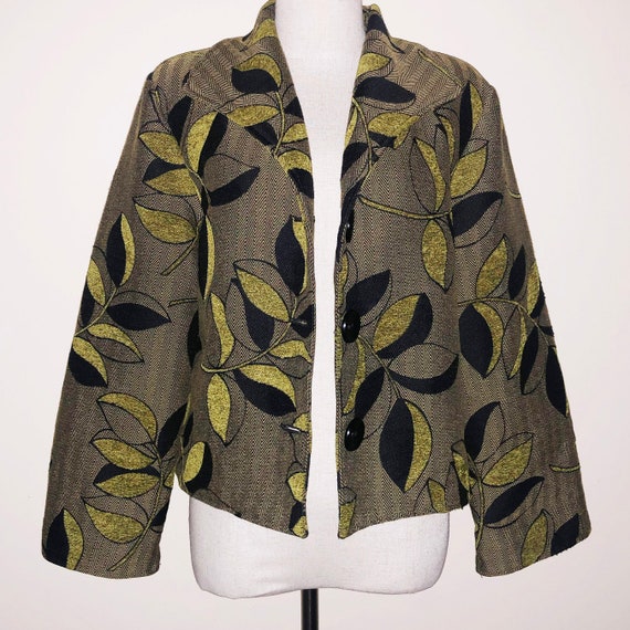 VINTAGE Black & Green Leaves 80s Tapestry Jacket - image 4