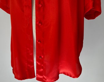 Vintage Orange-Red Oversized Silky-Satin Shirt // Retro 80s 1980s Vermillion