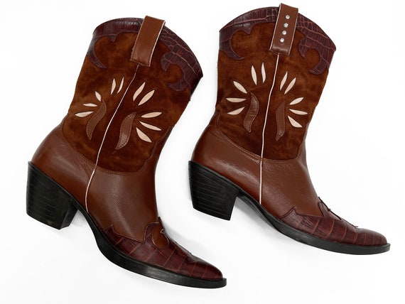 Vintage 90s Brown Leather Cowboy Boots // Retro 1… - image 2