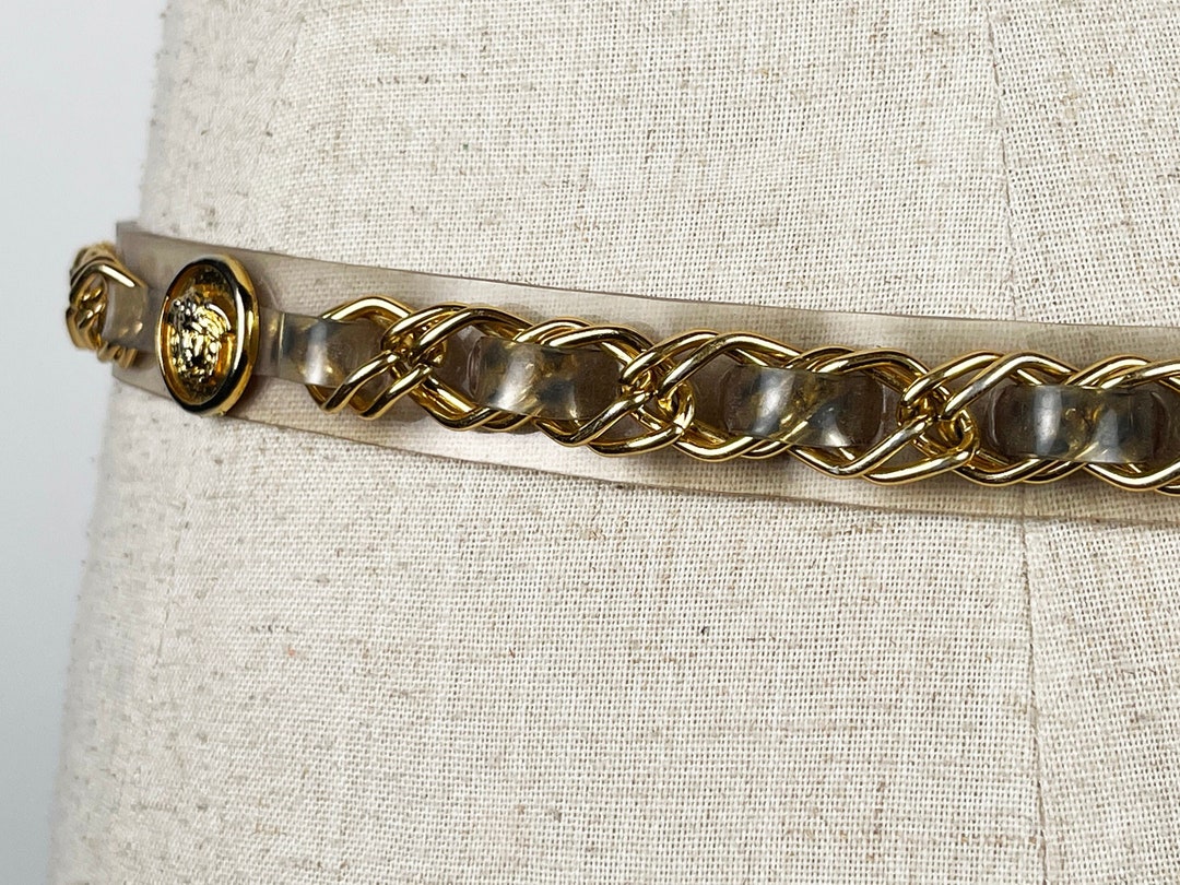 Vintage Clear PVC Belt With Gold Chain & Lion Medallions // 80s 1980s