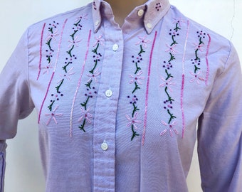 Lilac Button Down Collared Shirt with Pink Floral Embroidery
