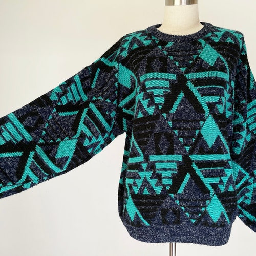 Vintage Abstract Geometric Teal-Green Black high quality Navy Sweater // Retro 80s 1980s Knit