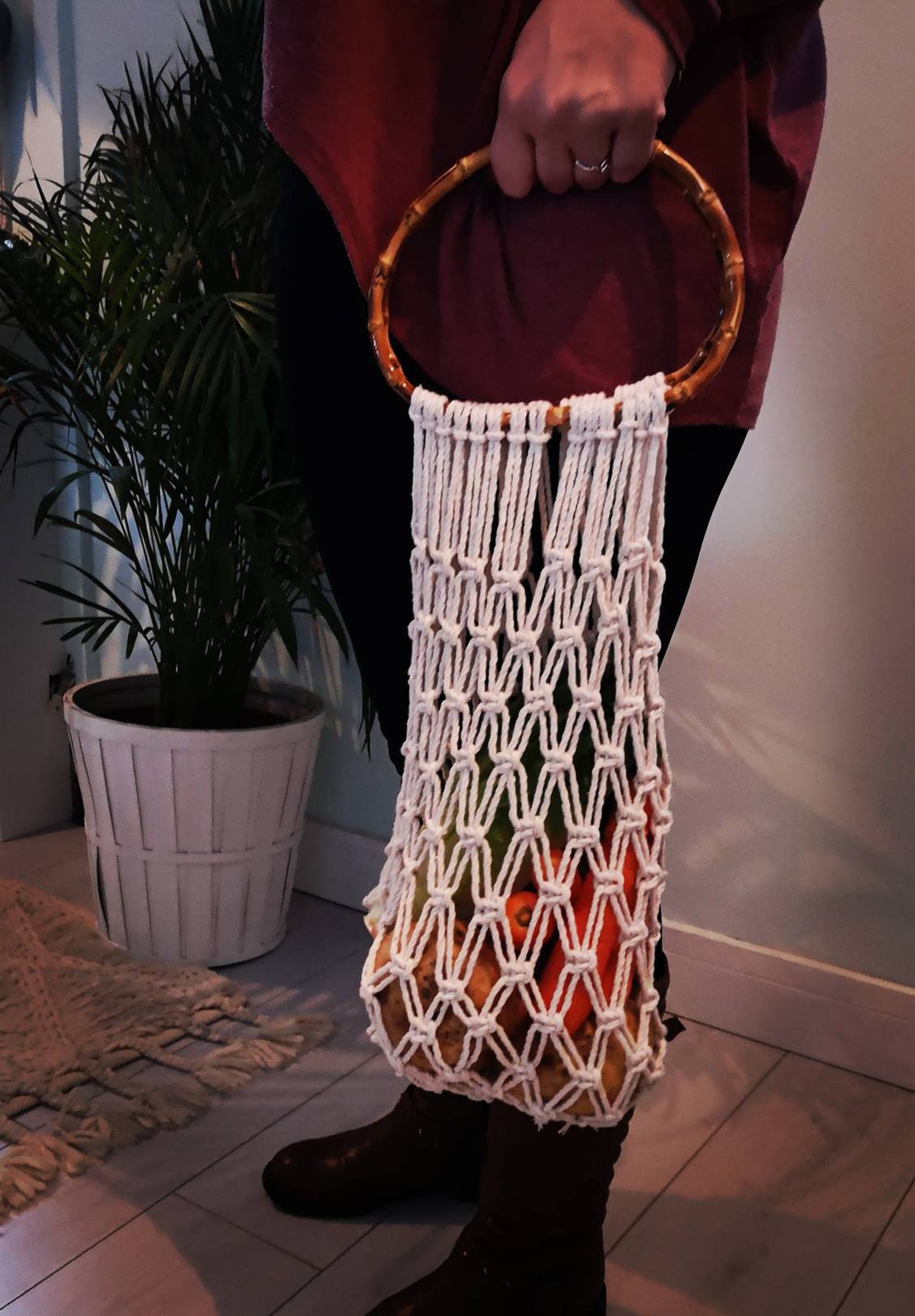 Macrame Eco Shopper Bag With Bamboo Handles Etsy Hong Kong