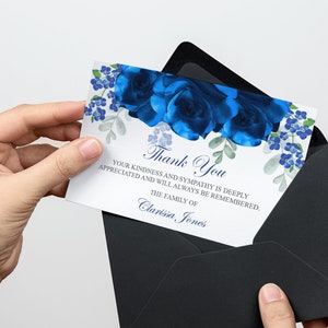 Carte de remerciement funéraire avec roses bleues, en mémoire aimante, carte de remerciement de sympathie, bricolage commémoratif, décor funéraire 0072