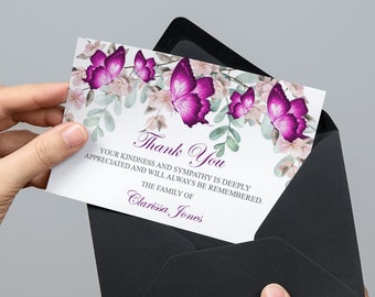 Funeral Thank You Card with Pink Butterflies, In Loving Memory, Sympathy Thank You Card, Memorial DIY, Funeral Decor 0065