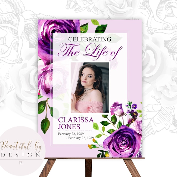 Purple Flowers Funeral Welcome Sign Template, In Loving Memory, Celebration of Life Decoration, Funeral Sign, Memorial Sign Decor 0021