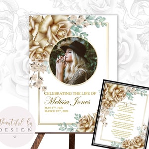 Funeral Welcome Sign Template and Keepsake, Gold Flowers, Frames, In Loving Memory, Celebration of Life, Funeral Decor 0059