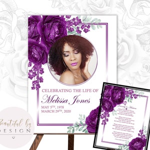 Purple Roses Funeral Welcome Sign Template and Keepsake, In Loving Memory, Celebration of Life, Funeral Decor 0060